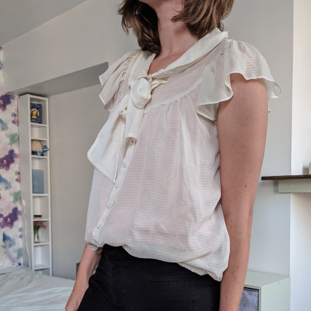 Cream Peter Pan collar flutter sleeve blouse